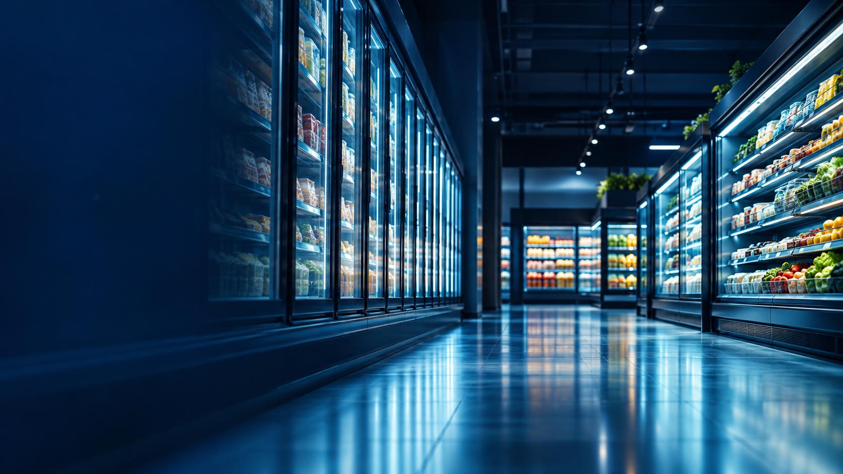 Refrigerated display cabinets along a supermarket aisle