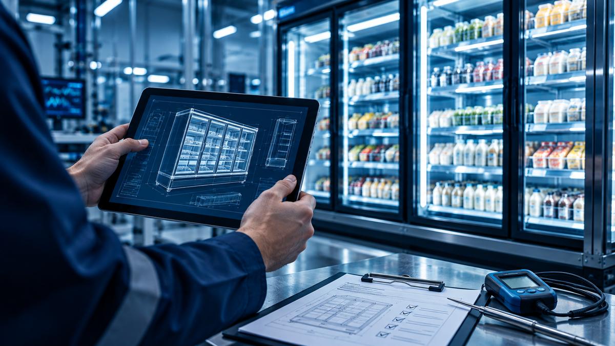 Engineer checking a display cabinet drawing on a tablet beside refrigerated cabinets